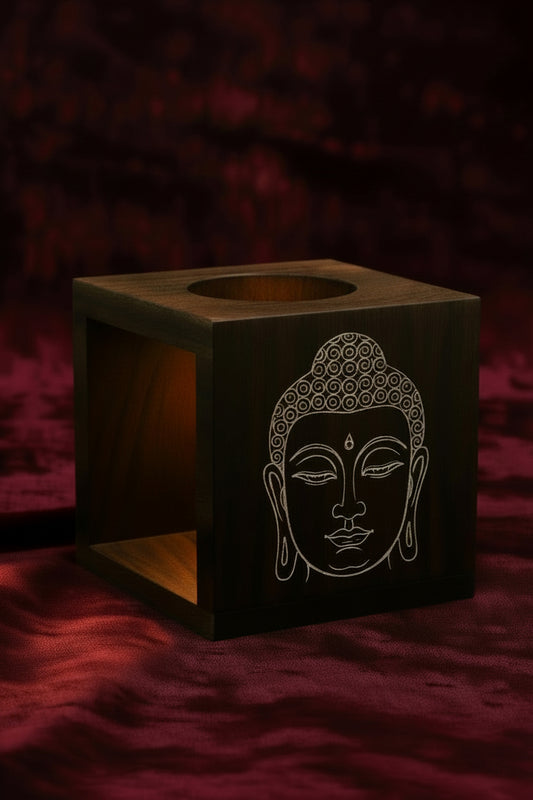 Large Square Mango Wood Oil Burner- Buddha Face