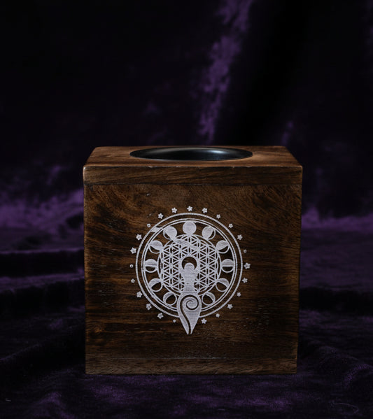 Large Square Mango Wood Oil Burner - Moon Goddess