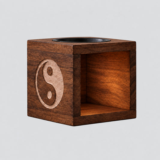 Square Mango Wood Oil Burner - Yin Yang