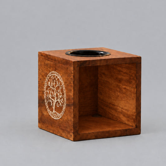 Large Square Mango Wood Oil Burner - Tree of Life