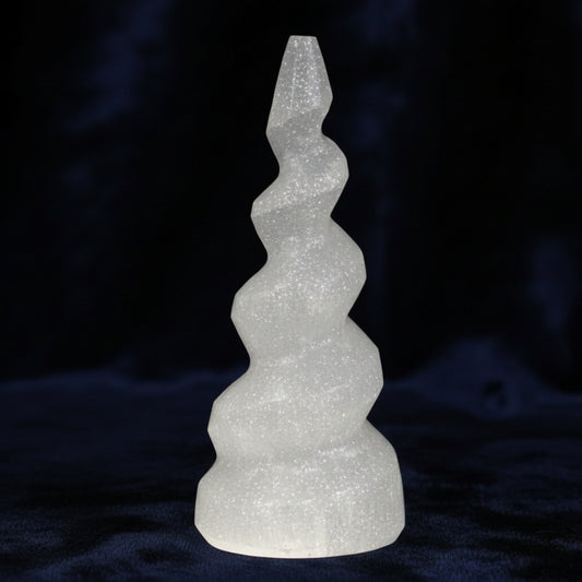 Selenite Spiral Unicorn Horn Tower - 10 cm