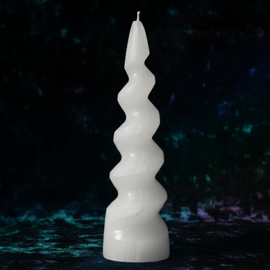 Selenite Spiral Unicorn Horn Tower - 15 cm