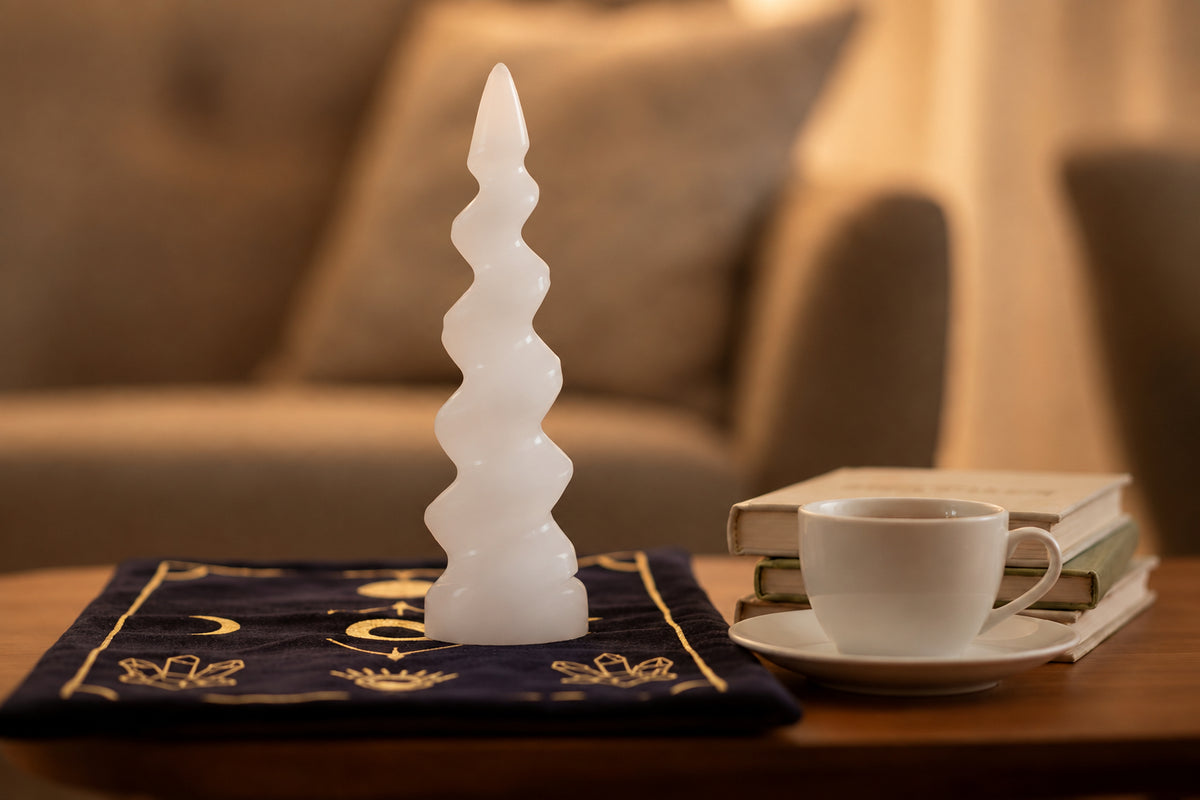 Selenite Spiral Unicorn Horn Tower - 15 cm