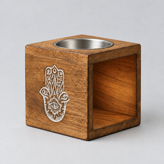 Square Mango Wood Oil Burner - Hamsa