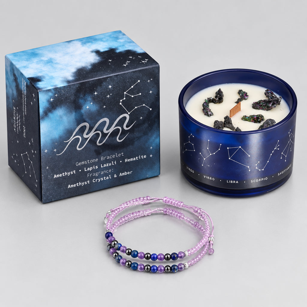 Zodiac Crystal Candle with Gemstone Bracelet - Aquarious