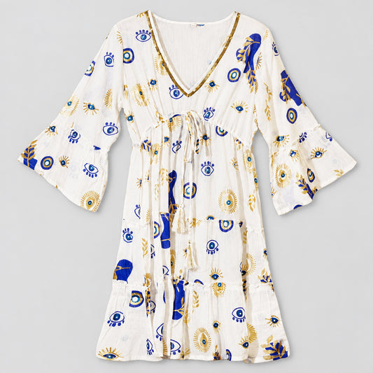 Nomad Sari Evil Eye Dress – White, Blue & Gold – Size M/L