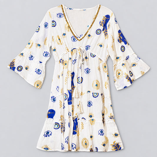 Nomad Sari Evil Eye Dress – White, Blue & Gold – Size L/XL