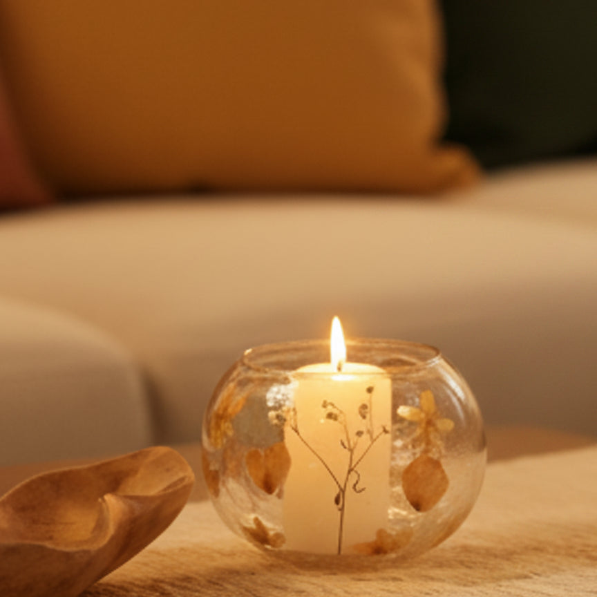 Natural Floral Glass - Large Bowl Candle Holder - Rosa - (12x13cm)