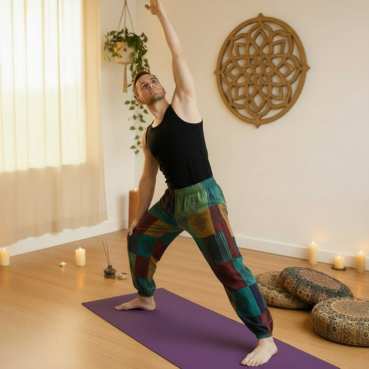 Nomad Sari - Mushroom Pants - Block Print Designs - Green Tones L/XL
