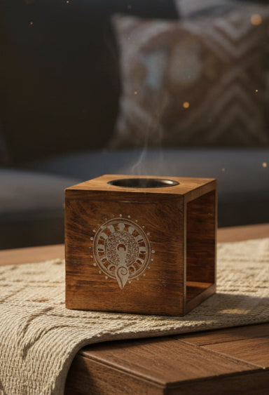 Large Square Mango Wood Oil Burner - Moon Goddess