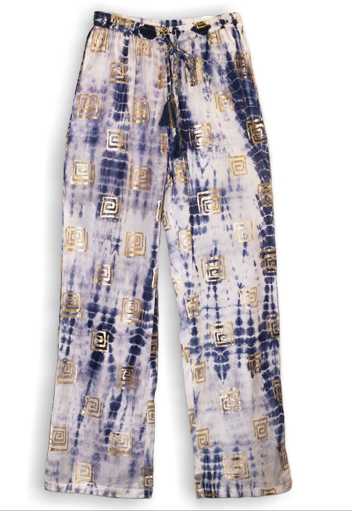 Nomad Sari Lounge Pants (L/XL) – Blue Tie-Dye with Gold Greek Motif