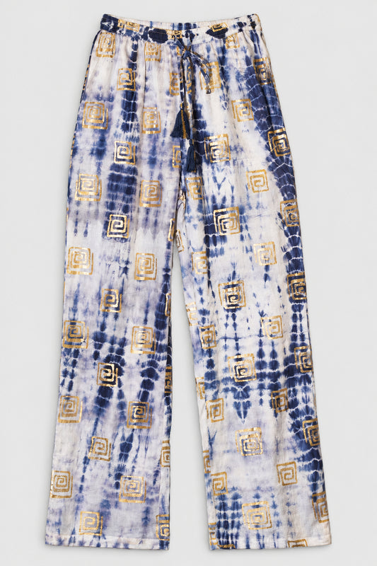 Nomad Sari Lounge Pants (L/XL) – Blue Tie-Dye with Gold Greek Motif