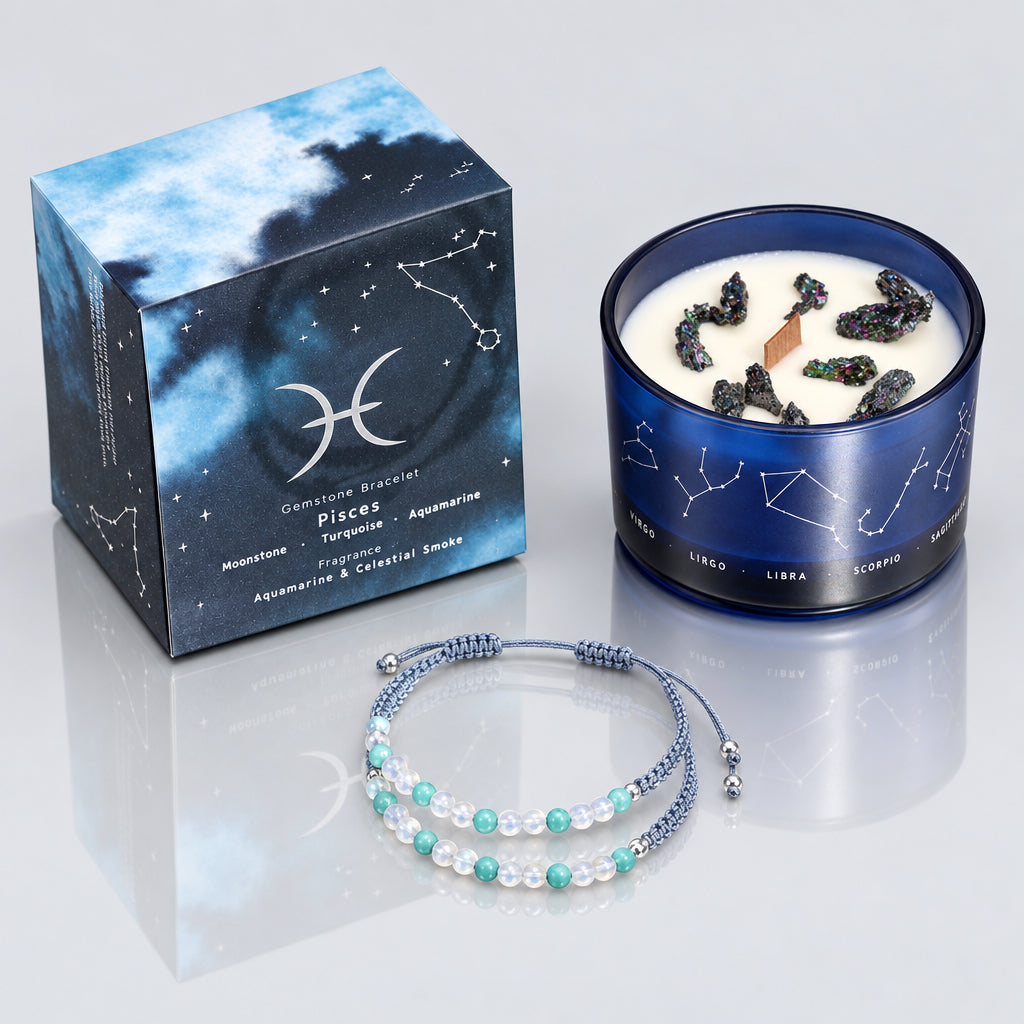 Zodiac Crystal Candle with Gemstone Bracelet - Pisces