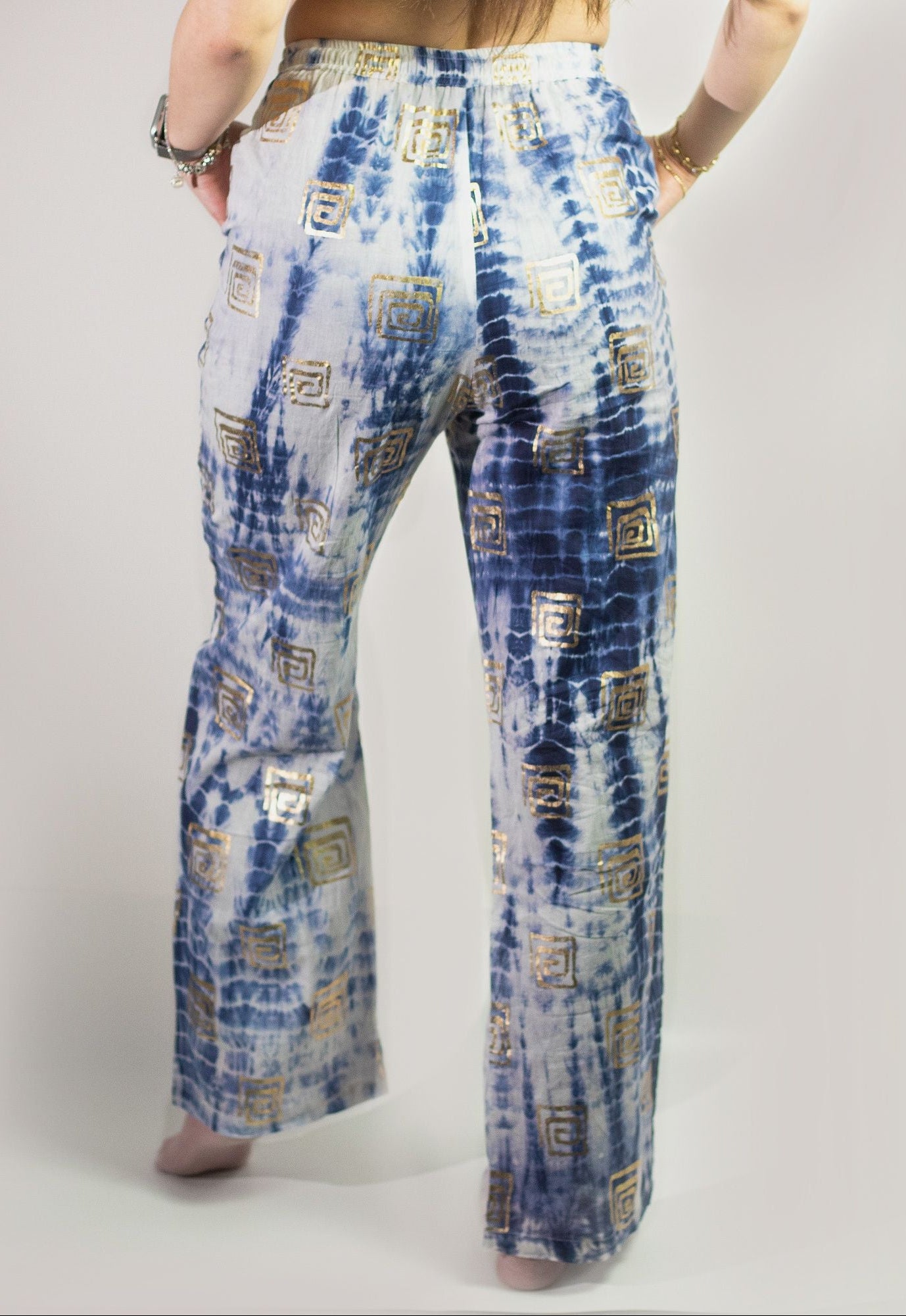 Nomad Sari Lounge Pants (L/XL) – Blue Tie-Dye with Gold Greek Motif