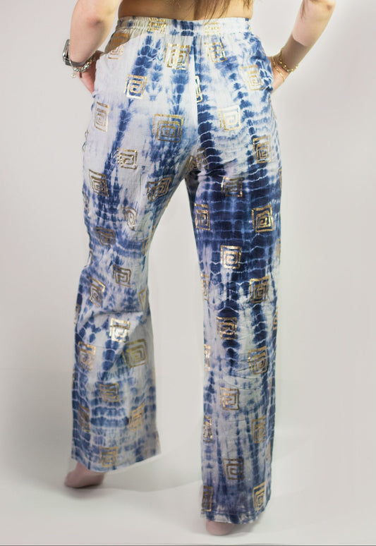 Nomad Sari Lounge Pants (L/XL) – Blue Tie-Dye with Gold Greek Motif