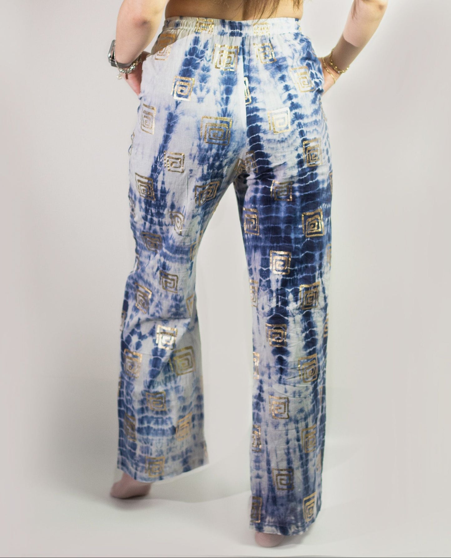 Nomad Sari Lounge Pants (M/L) – Blue Tie-Dye with Gold Greek Motif