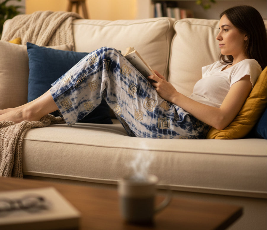 Nomad Sari Lounge Pants (L/XL) – Blue Tie-Dye with Gold Greek Motif