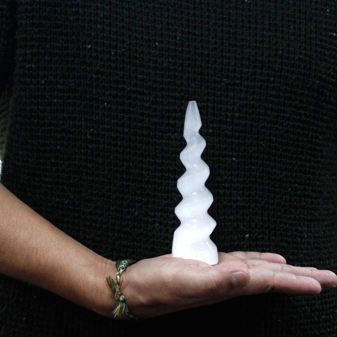 Selenite Spiral Unicorn Horn Tower - 15 cm