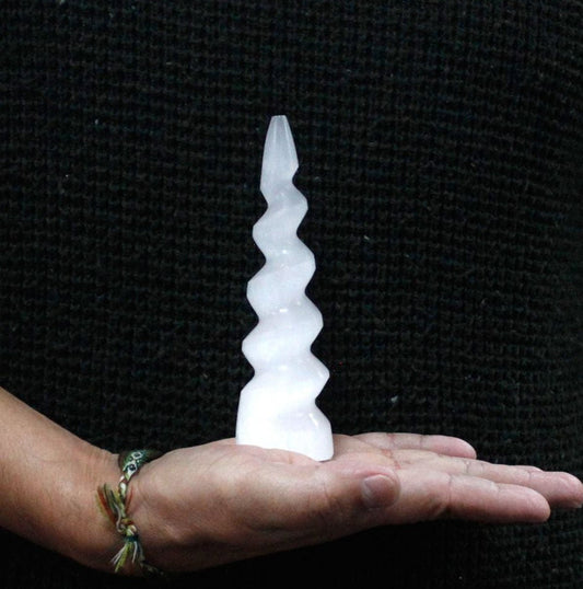Selenite Spiral Unicorn Horn Tower - 15 cm