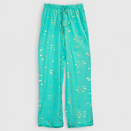 Nomad Sari Lounge Pants (L/XL) – Turquoise with Hand-Painted Gold Fish Design