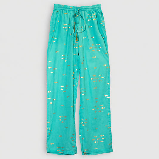 Nomad Sari Lounge Pants (M/L) – Turquoise with Hand-Painted Gold Fish Design