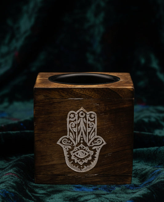 Square Mango Wood Oil Burner  - Hamsa