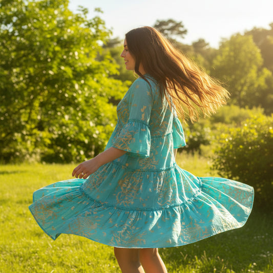 Nomad Sari Turquoise & Gold Coral Print Dress (L/XL)