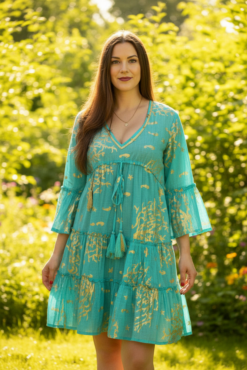 Nomad Sari Turquoise & Gold Coral Print Dress (L/XL)