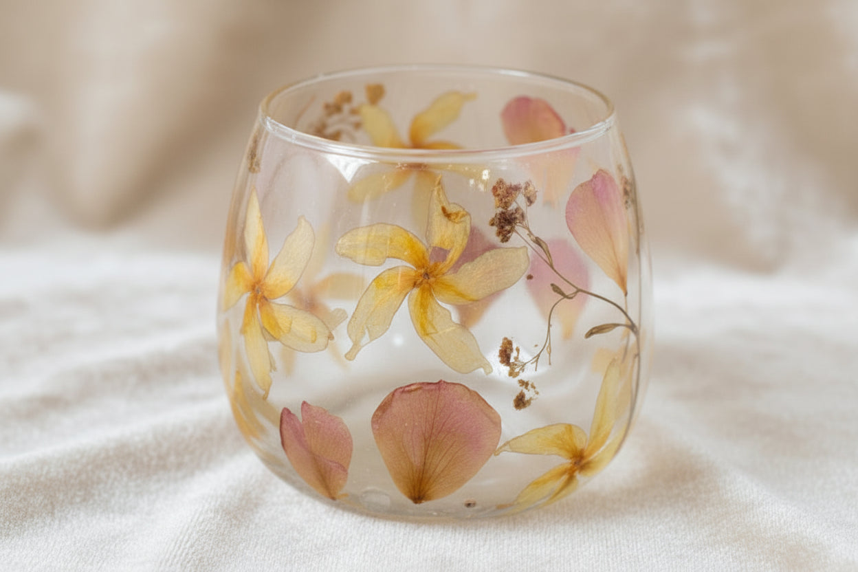 Natural Floral Glass - Straight Candle Holder - Rosa - (8x8cm)