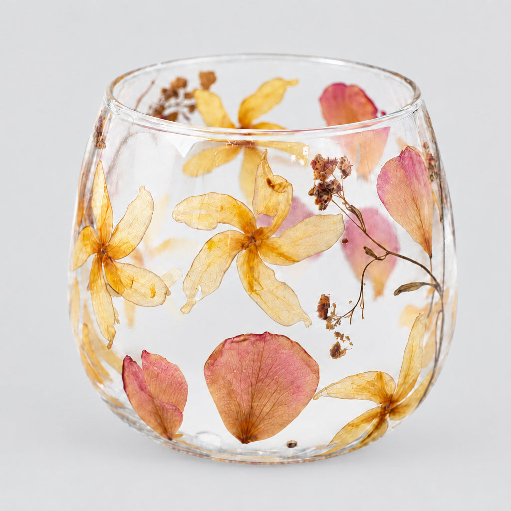Natural Floral Glass - Straight Candle Holder - Rosa - (8x8cm)