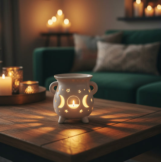 Cauldron Oil Burner - Moon Phase - White
