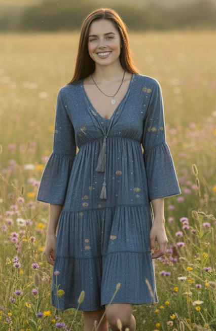 Nomad Sari Sea Blue & Gold Fish Print Dress (L/XL)