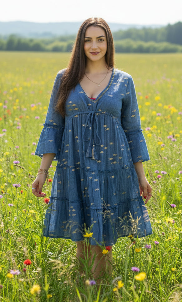 Nomad Sari Sea Blue & Gold Fish Print Dress (M/L)