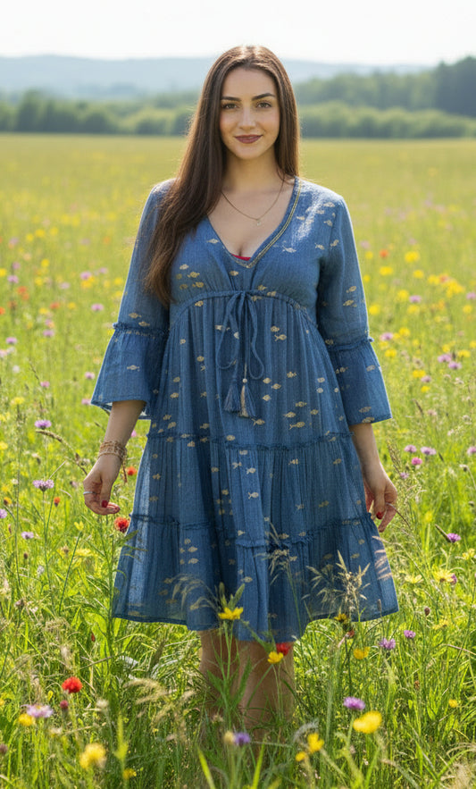 Nomad Sari Sea Blue & Gold Fish Print Dress (M/L)