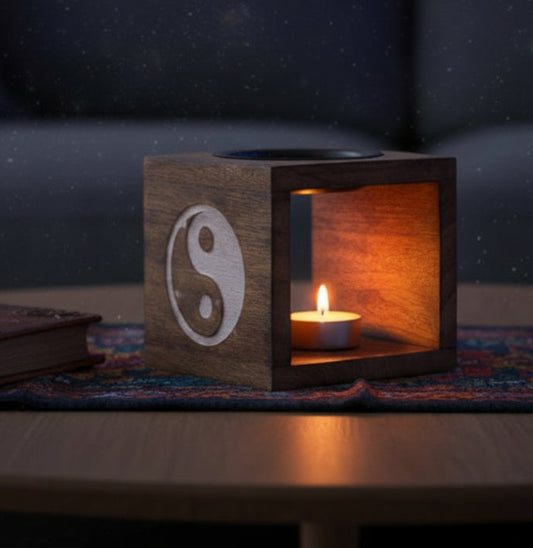 Square Mango Wood Oil Burner  - Yin Yang