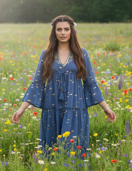 Nomad Sari Sea Blue & Gold Fish Print Dress (L/XL)