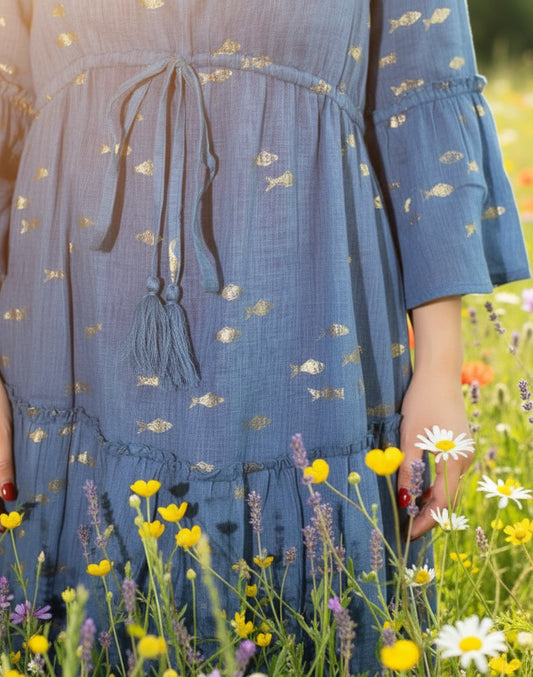 Nomad Sari Sea Blue & Gold Fish Print Dress (M/L)