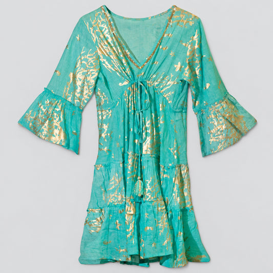 Nomad Sari Turquoise & Gold Coral Print Dress (L/XL)