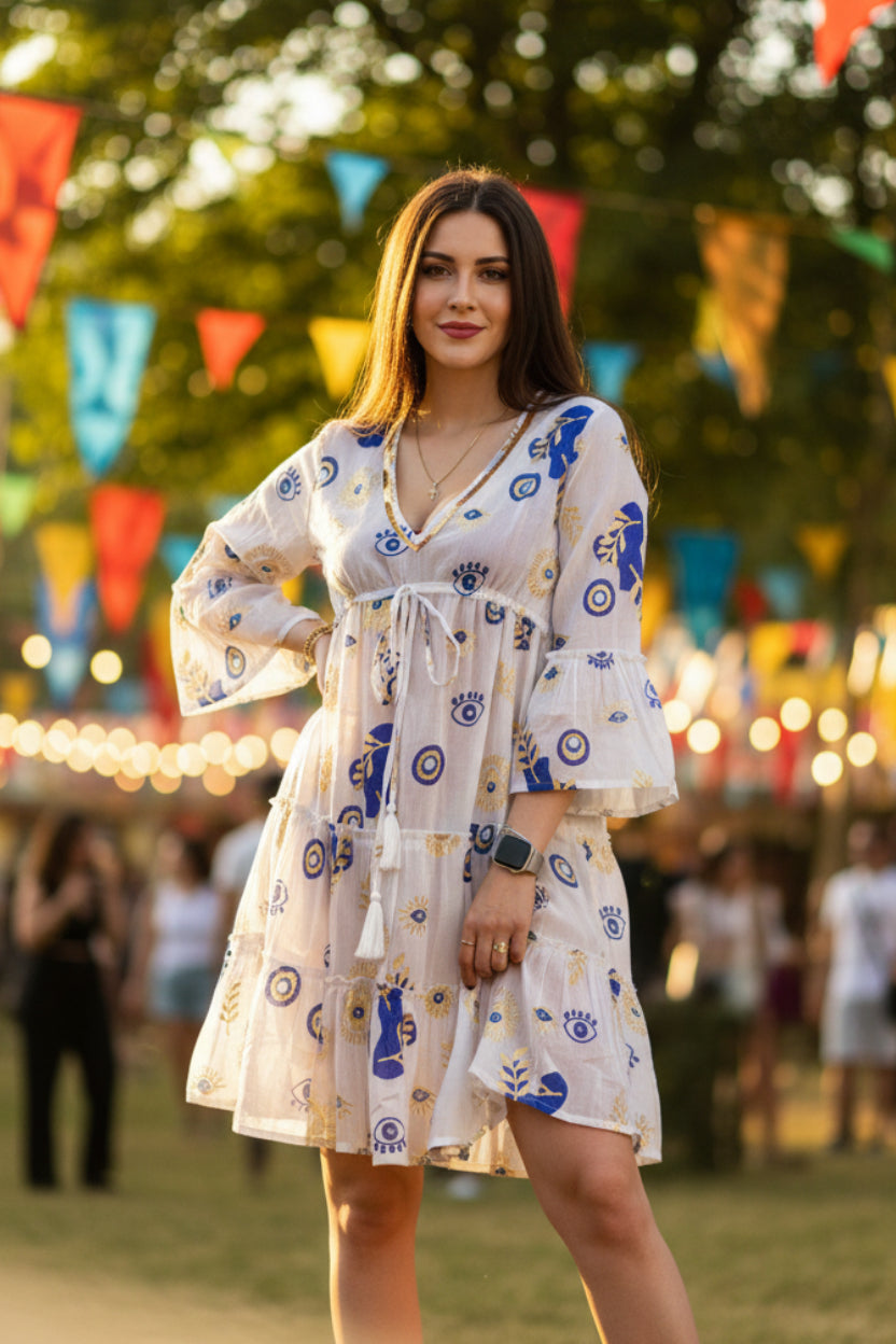 Nomad Sari Evil Eye Dress – White, Blue & Gold – Size L/XL