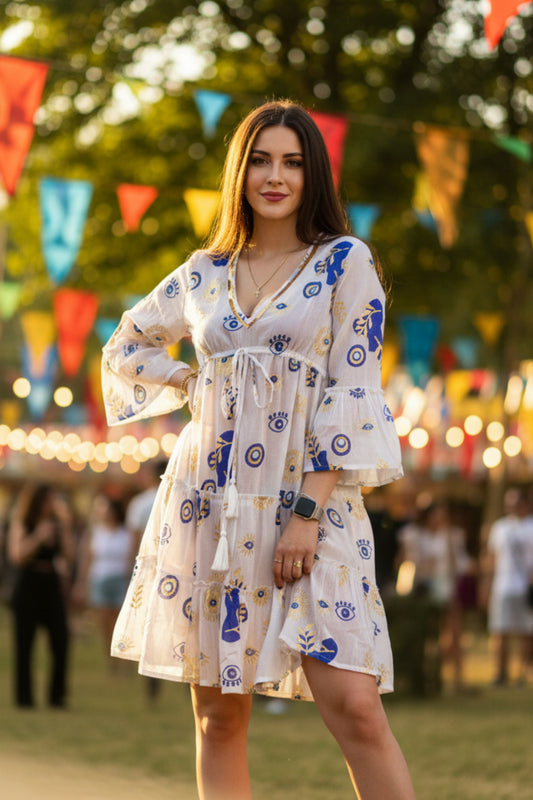 Nomad Sari Evil Eye Dress – White, Blue & Gold – Size L/XL