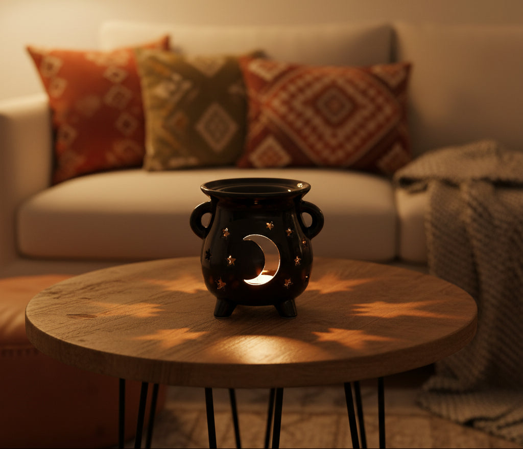 Cauldron Oil Burner - Moon & Stars - Black
