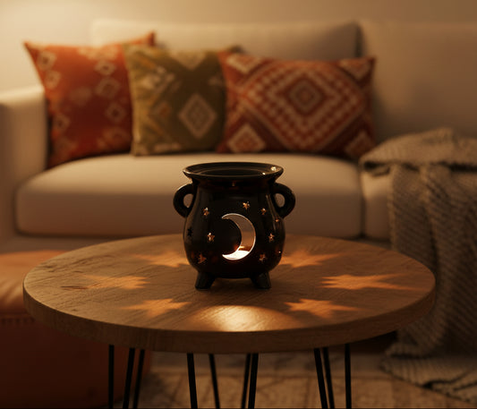 Cauldron Oil Burner - Moon & Stars - Black