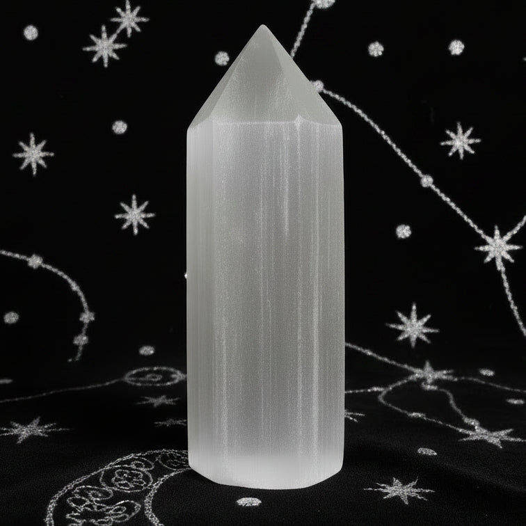 Selenite Pencil Point Tower - 15 cm
