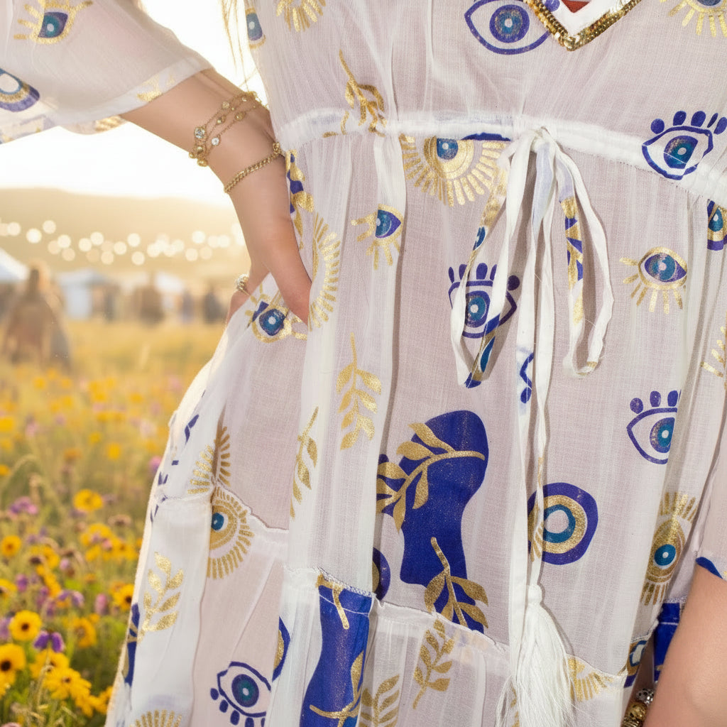 Nomad Sari Evil Eye Dress – White, Blue & Gold – Size M/L