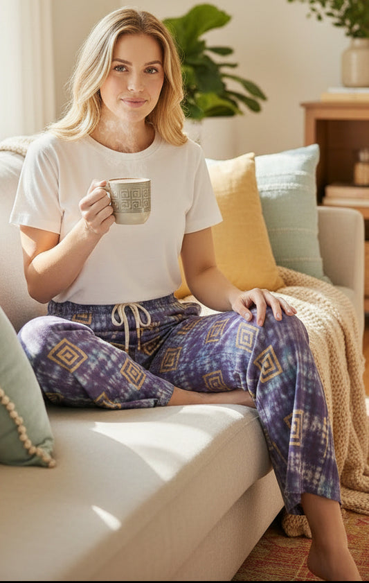 Nomad Sari Lounge Pants (M/L) – Blue Tie-Dye with Gold Greek Motif
