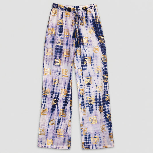 Nomad Sari Lounge Pants (M/L) – Blue Tie-Dye with Gold Greek Motif