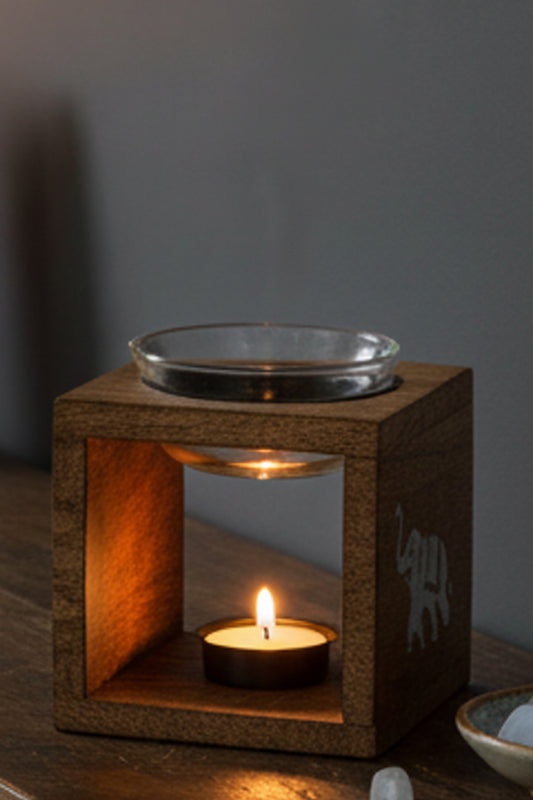 Square Mango Wood Oil Burner  - Elephant