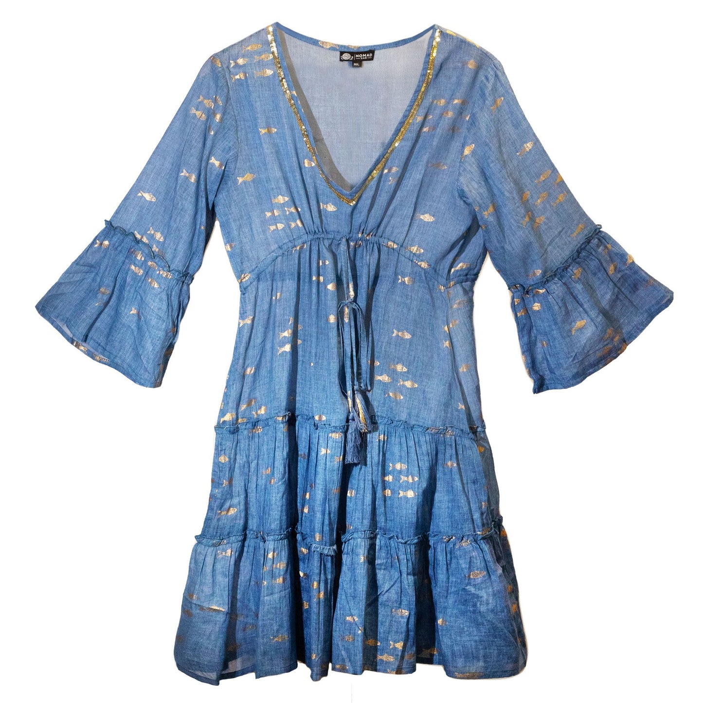 Nomad Sari Sea Blue & Gold Fish Print Dress (L/XL)