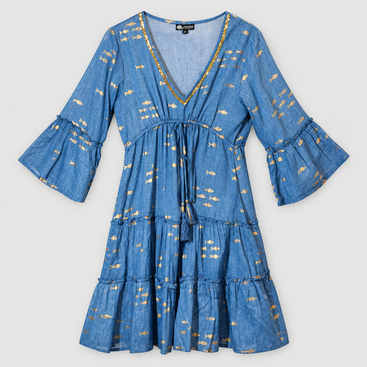 Nomad Sari Sea Blue & Gold Fish Print Dress (L/XL)
