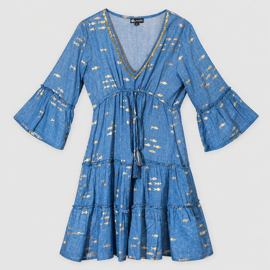Nomad Sari Sea Blue & Gold Fish Print Dress (M/L)